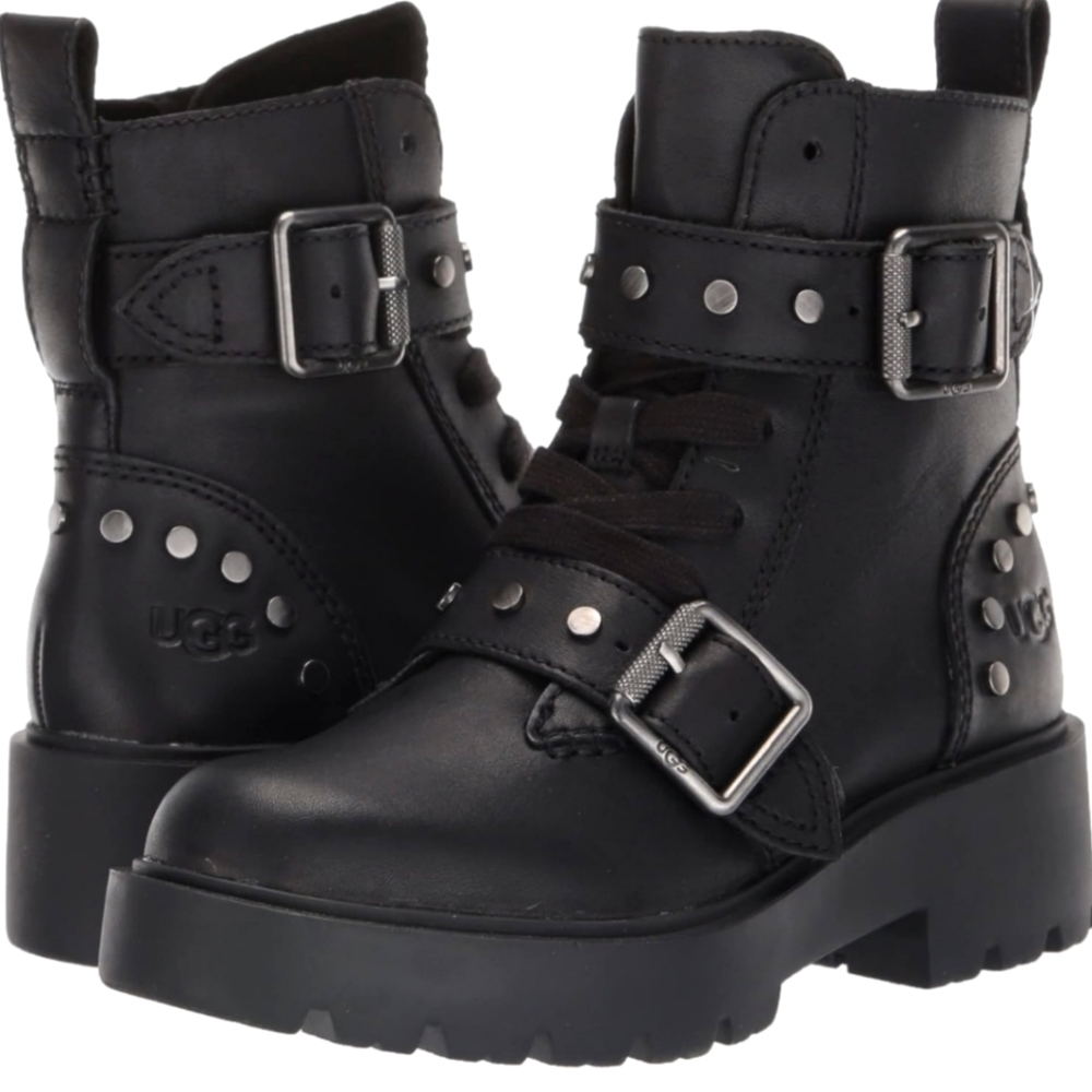 !!! 🛑SOLD🛑!!!UGG Zorrah Studs Women's Buckle Leather Black Combat Boots sz 9.5
